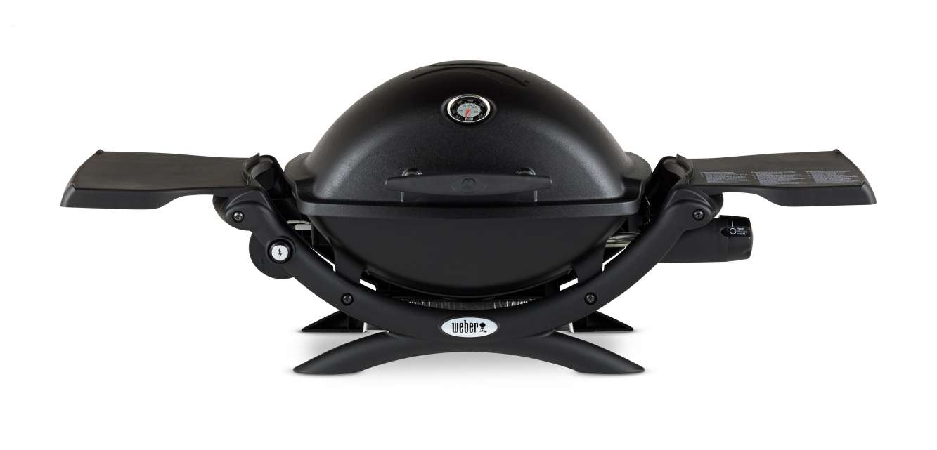 A portable Weber gas grill with a dome-shaped lid, thermometer, side tables, and foldable legs on a white background features an insert for enhanced grilling options.