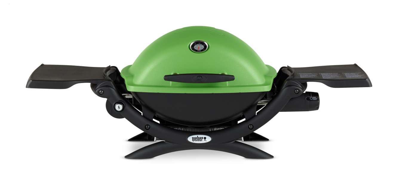 A lime green portable weber grill with a closed lid, featuring side handles and a front-mounted temperature gauge, displayed against a white background.