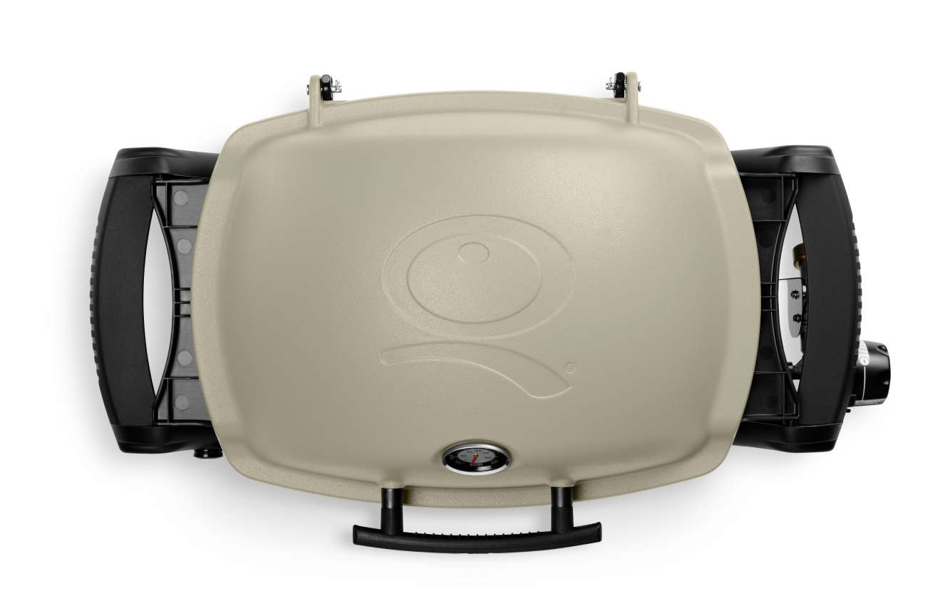 An overhead view of a robotic vacuum cleaner in a beige color, showing its top cover and twin side brushes on a white background with an insert.