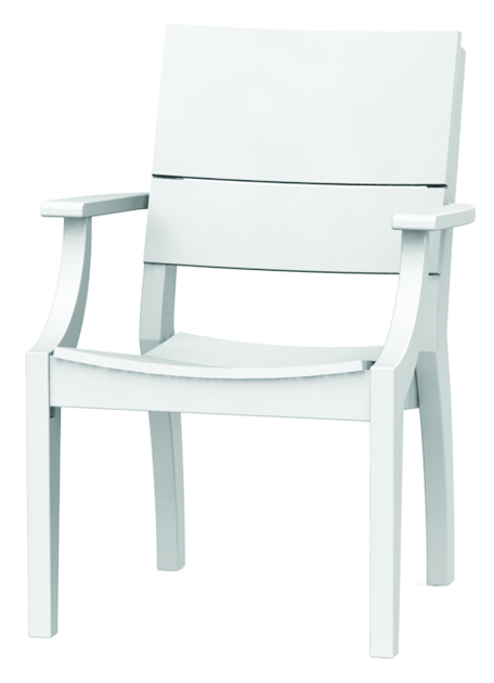 A modern white chair made of wood or plastic, featuring a minimalist design with three horizontal backrest slats and armrests, isolated against a white background near a fireplace.