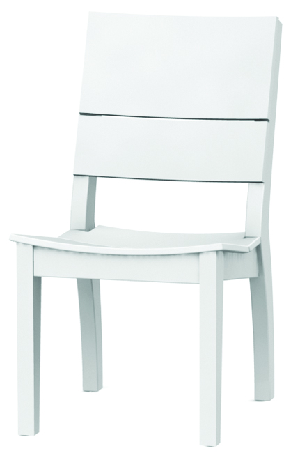 A modern white chair with a minimalist design, featuring a straight back and smooth, flat surfaces. The chair has three horizontal backrest panels and sturdy legs, designed to integrate seamlessly with a contemporary fireplace setting