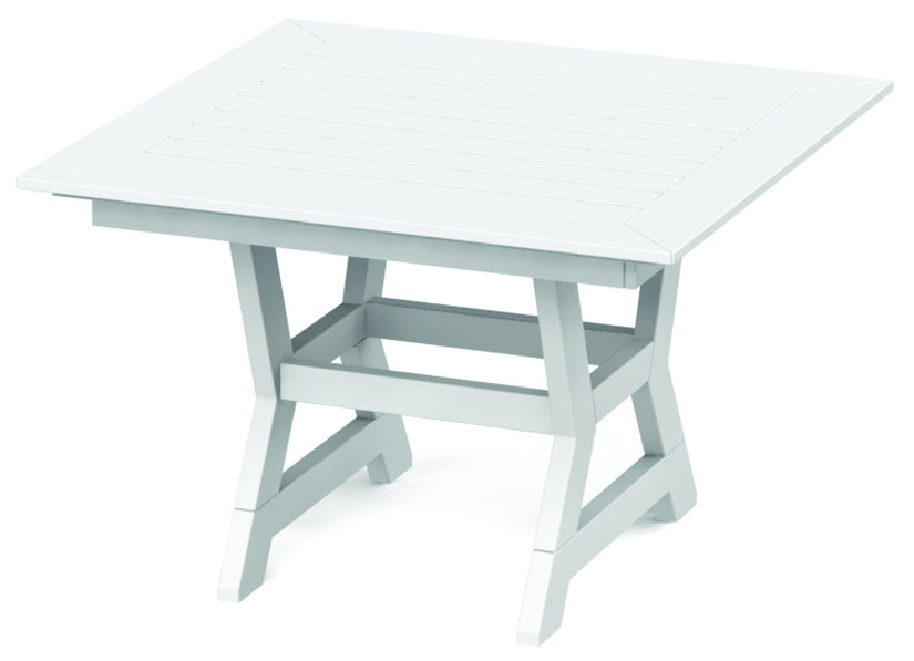 A simple white patio table with a slatted top and collapsible sides on a plain background, showcasing a clean and functional design with a stove insert.