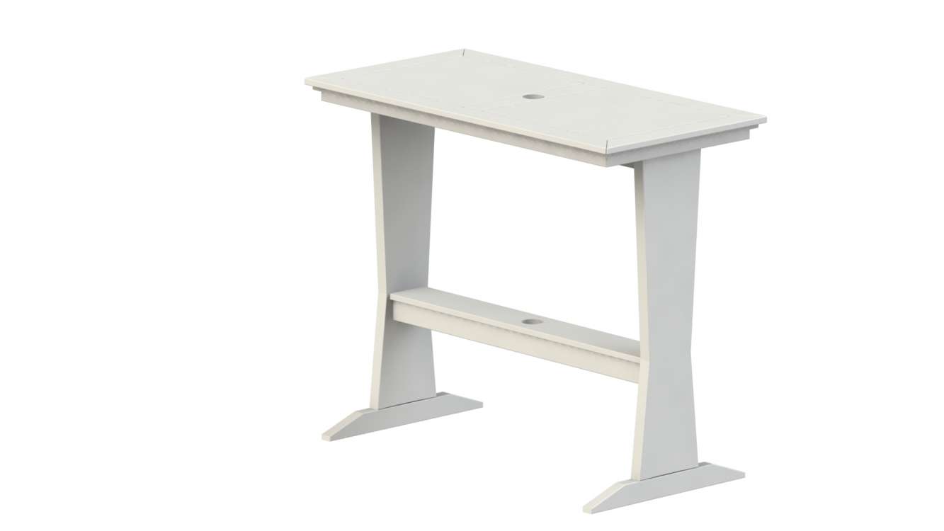A simple white standing desk with a flat top and a horizontal stabilizer bar between two vertical legs, isolated on a light gray background near a stove.