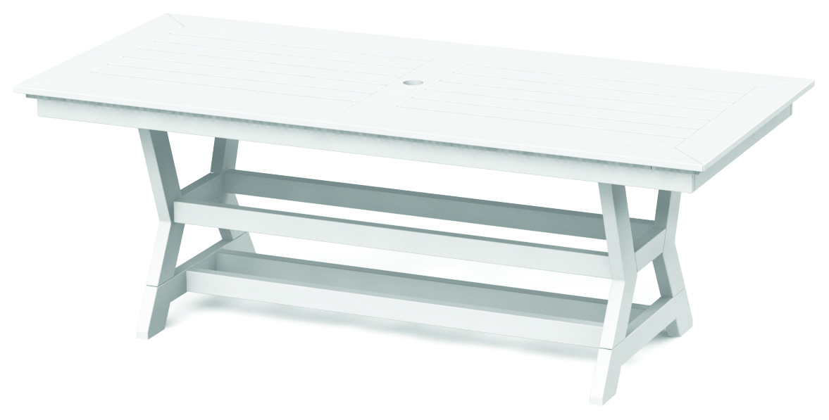 A white, wooden patio table with a slatted top and three horizontal shelves under the tabletop, set against a white background, featuring an integrated fire pit.