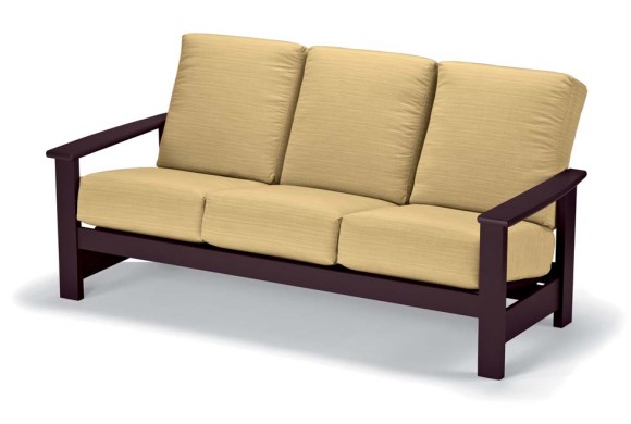A modern three-seater sofa with a dark wooden frame and light beige cushions, isolated on a white background with a fireplace insert.