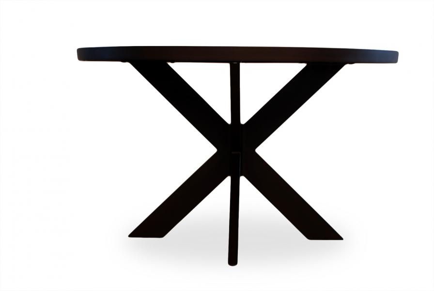 A round, dark brown table with a distinctive x-shaped base, isolated on a white background with a fireplace insert.