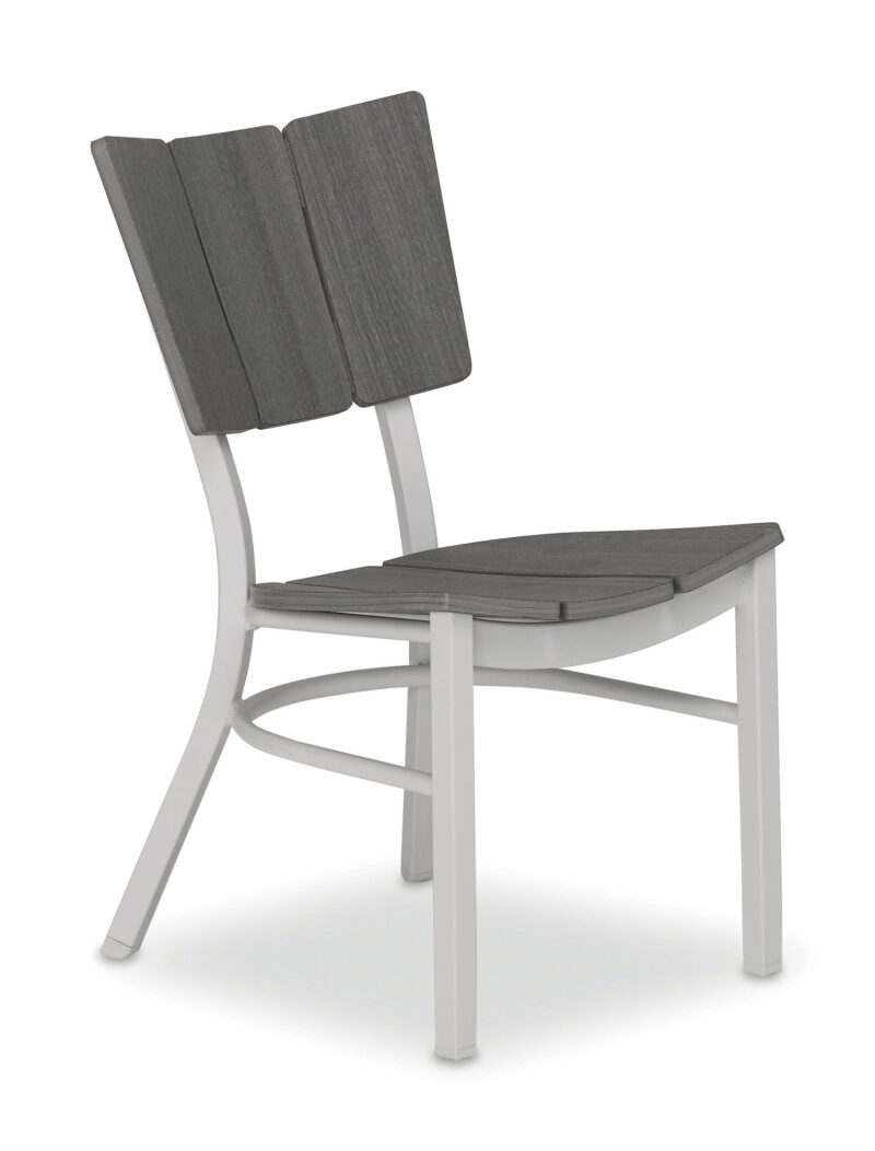 A modern chair with a white metal frame and dark gray cushioned seat and backrest, isolated on a white background.