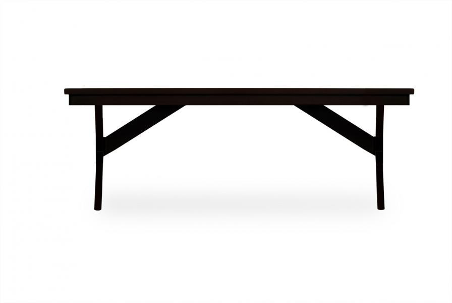 A front view of a simple, dark brown wooden desk with x-shaped legs, isolated on a white background, featuring a stove insert.