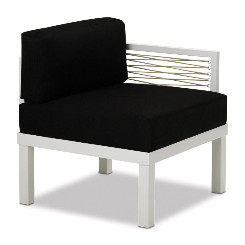 An Ashbee armchair with a black cushion and silver metal frame, featuring sleek lines and a minimalistic design, isolated on a white background.