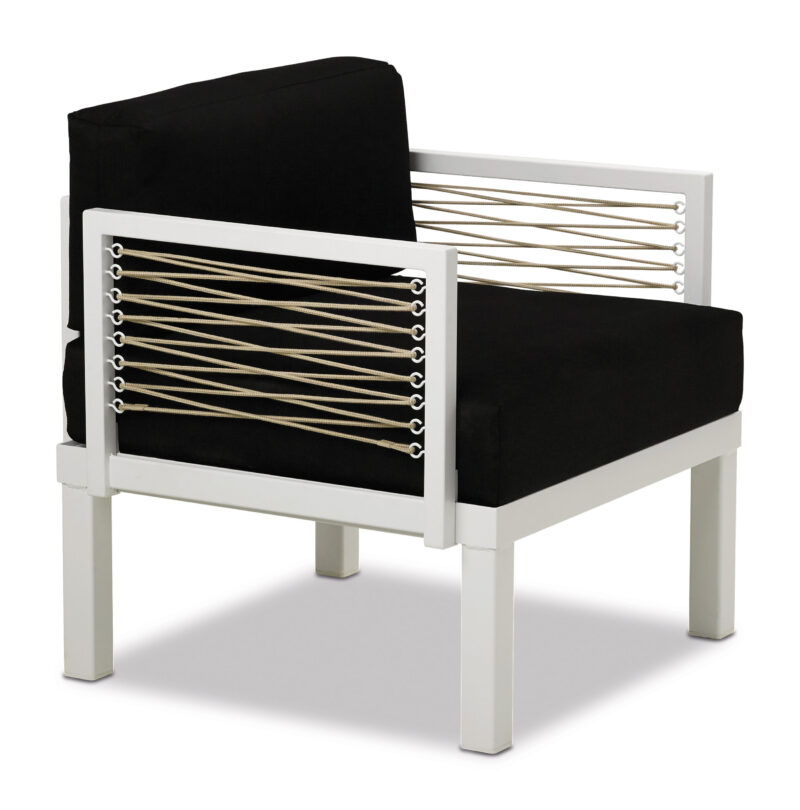 An Ashbee armchair with a white frame, black cushions, and distinctive side panels featuring a white-and-black crisscross cord design, isolated on a white background.