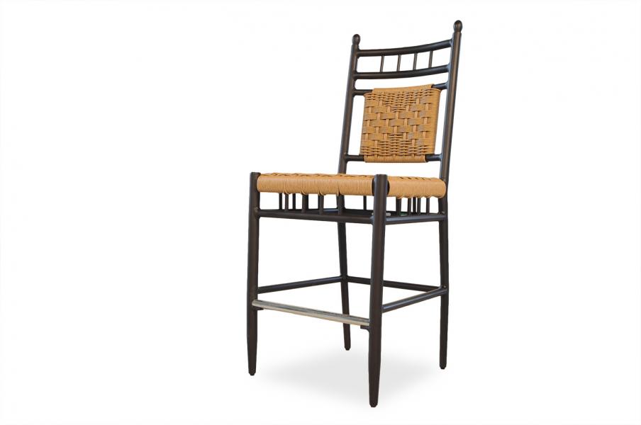 A traditional wooden chair with a tall back, featuring a curved top rail and horizontal slats, complemented by a woven rattan seat. The chair stands isolated on a white background, ideal for placement