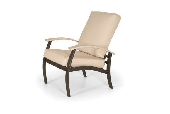 A modern beige cushioned lounge chair with a dark wooden frame and armrests, set against a plain white background featuring a sleek fireplace.