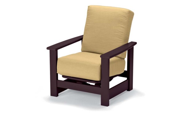 A modern glider chair with a dark wood frame and light beige cushions, featuring a stove insert, isolated on a white background.