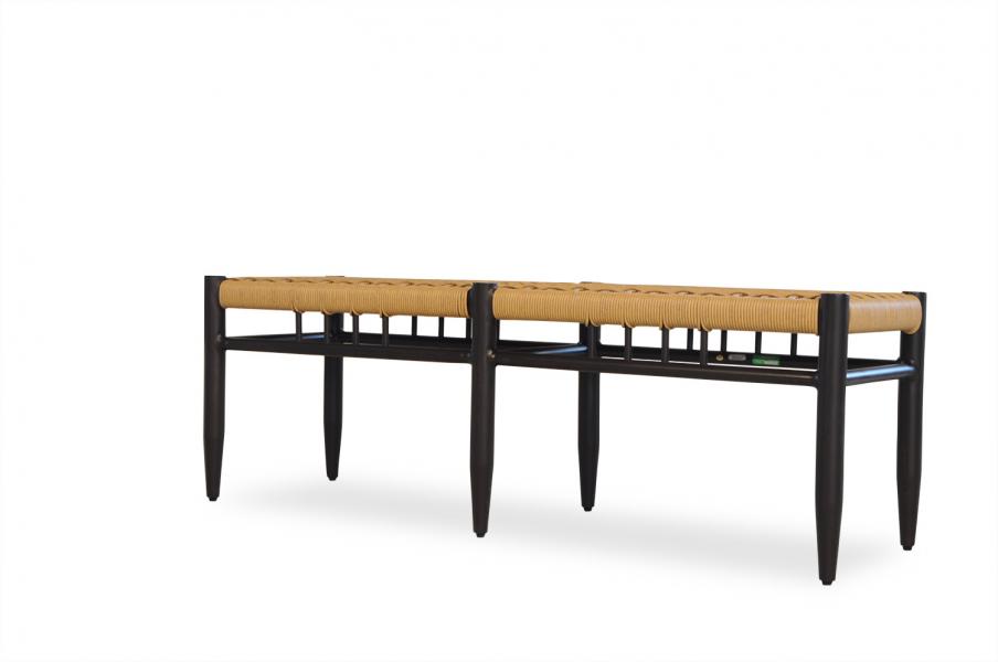Two modern benches with black metal frames and tan woven seats, isolated on a white background, insert near a fireplace.