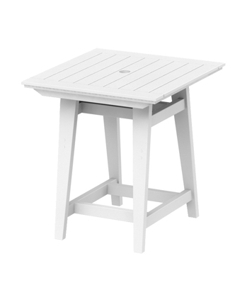 A small, white, square-shaped wooden table with a slatted top and sturdy legs, isolated on a white background, perfect to insert beside a fireplace.