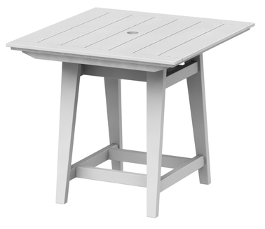 A square gray patio table with a slatted top and sturdy legs, designed for outdoor dining, featuring an insert fireplace.