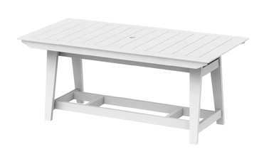 A white wooden rectangular table with a plank-style top, simple a-frame legs, and a lower shelf with an insert, isolated on a white background.