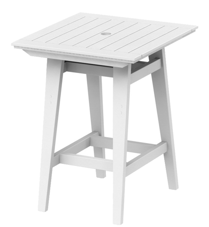 A white, square wooden patio table with a slatted top and a central insert, possibly for an umbrella, supported by four sturdy legs connected by crossbars.