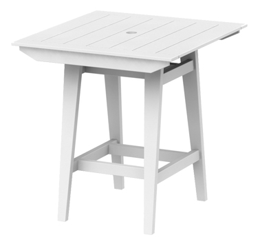 A white wooden patio table with a square top and a hole in the center for inserting a fire pit, set against a plain background.