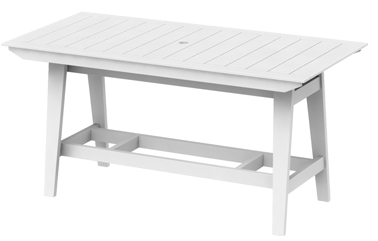 A white wooden rectangular dining table with a slatted top design and a lower shelf, set against a plain background, featuring an insert for a fire pit.