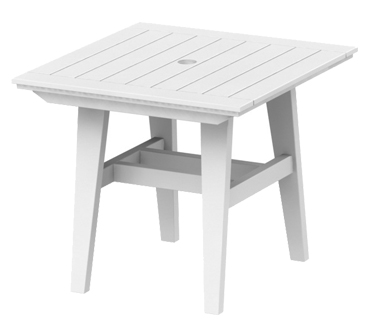 White square wooden patio table with plank design and a hole in the center for an umbrella, shown on a plain background with an insert for a fire pit.