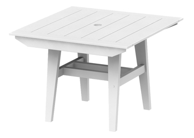 A simple gray square outdoor table with a slatted top and sturdy legs, set against a white background with a fireplace insert.