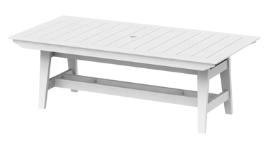 White wooden outdoor coffee table with a slatted top and a lower shelf, featuring a built-in fire pit, isolated on a white background.