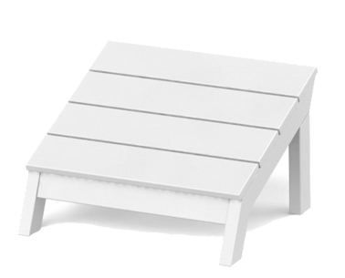 A simple white wooden outdoor footstool or low table with a slatted top design, isolated on a white background, perfect for use near a fire pit.