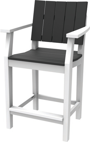 A modern, two-toned outdoor chair with a sleek design featuring a white frame and dark gray horizontal slats on the seat and backrest, perfect for placing beside your fireplace.