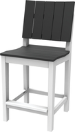 A modern chair with a white frame and dark gray slats on the seat and backrest. The chair design is simple and features straight lines with a slightly slanted back for comfort. It is ideally