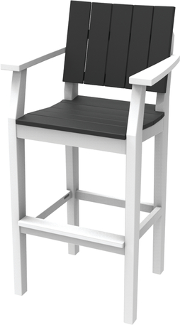 A modern high chair made of white and grey materials, featuring a straight backrest with vertical slats and sturdy legs with a footrest, designed for cozy evenings by the fire pit.