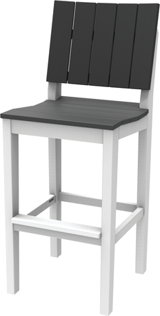 A modern bar stool with a black seat and backrest, mounted on a white frame with a footrest. The chair features a minimalist design suitable for contemporary spaces with an insert.