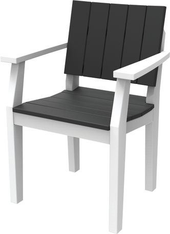 A modern chair with a white frame and black seat and backrest, featuring a simple, sleek design suitable for both indoor use and outdoor use near a fire pit.