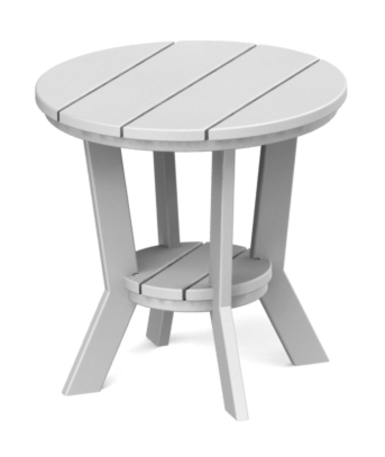 3d rendering of a simple, round, white wooden side table with a slatted top and a sturdy, three-legged base with a fireplace insert.