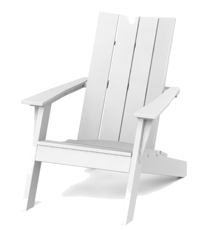 A white wooden Adirondack chair isolated on a light background, depicted with a minimalist design emphasizing clean lines and angles, featuring a fireplace insert.