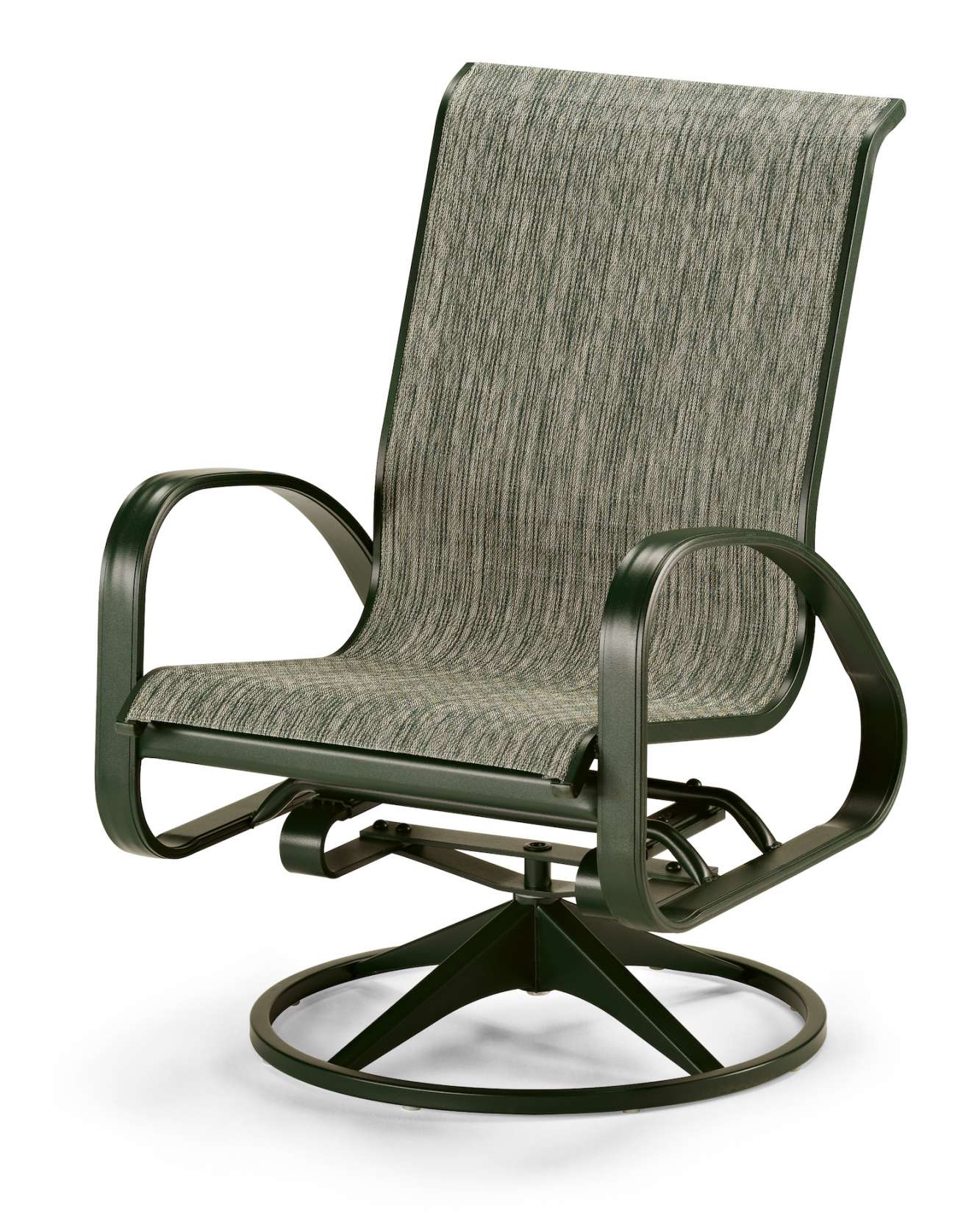 A green swivel rocking chair with a textured upholstered seat and backrest, featuring curved metal armrests and a sturdy circular base, isolated on a white background with a stove insert.