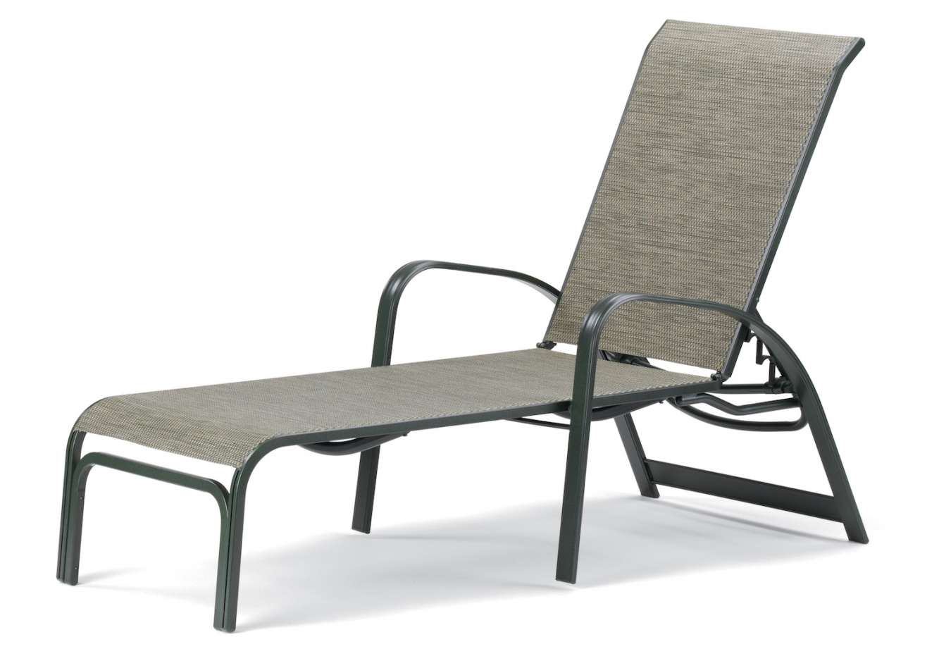 A modern outdoor reclining chair with a gray textile seat and backrest on a sleek black metal frame, positioned near a fire pit, isolated on a white background.