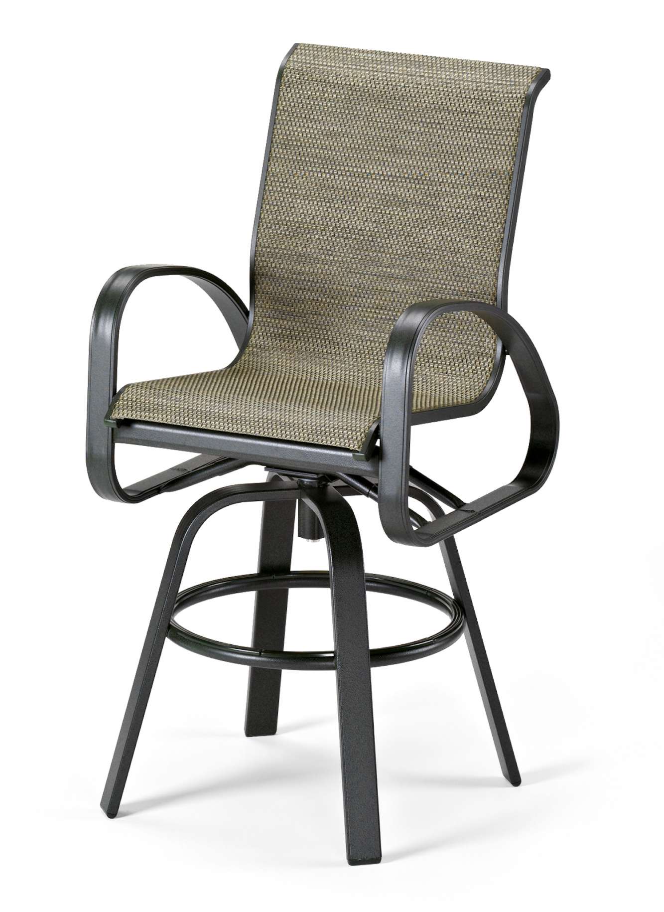 An outdoor swivel chair with a high, slightly curved back, black metal frame, and woven mesh seat in a neutral tone, isolated on a white background near a fireplace.