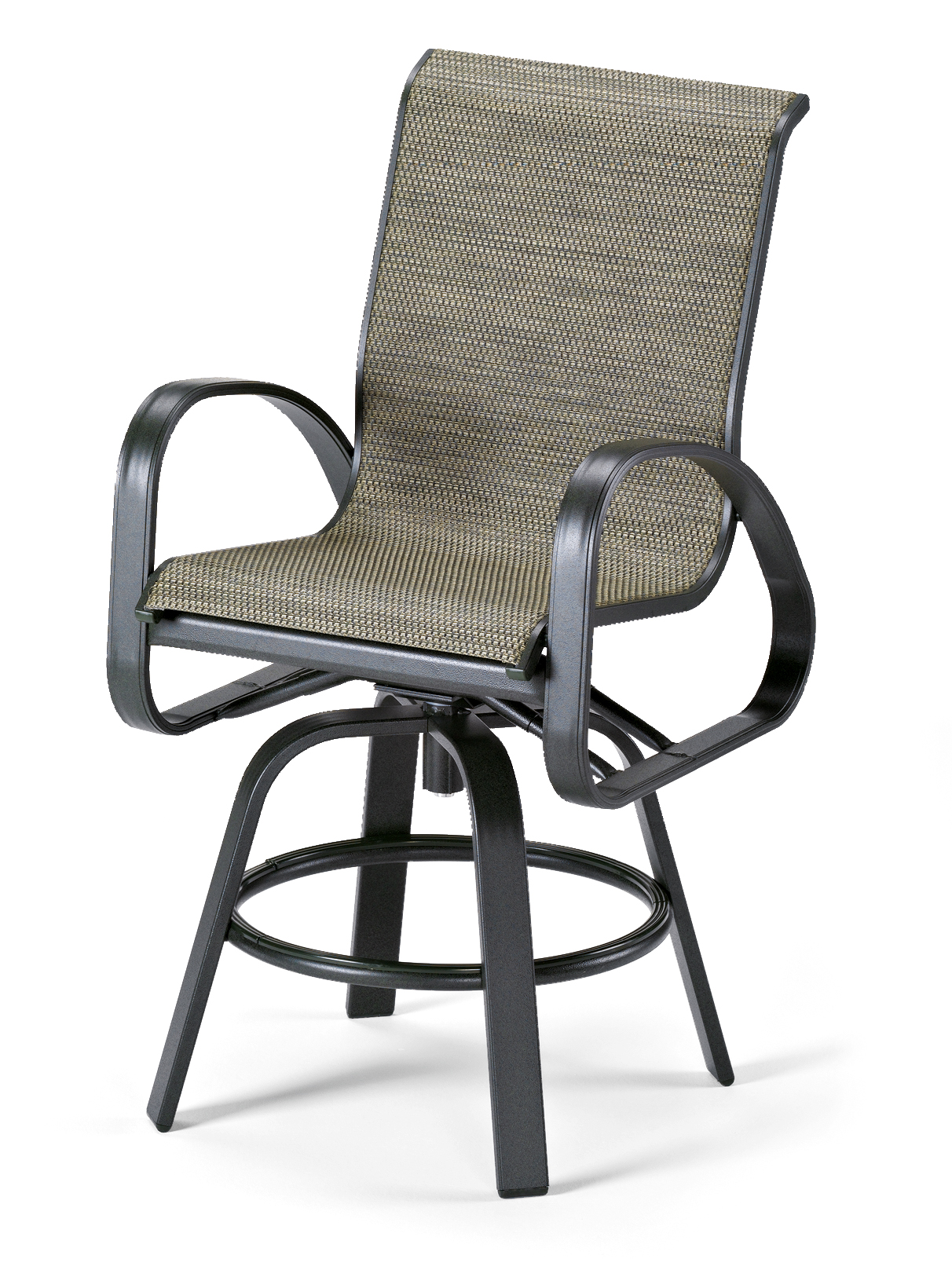 A modern outdoor swivel chair with a metal frame and woven mesh fabric, featuring armrests and a slightly reclined backrest, isolated on a white background, ideal for pairing with a fire pit
