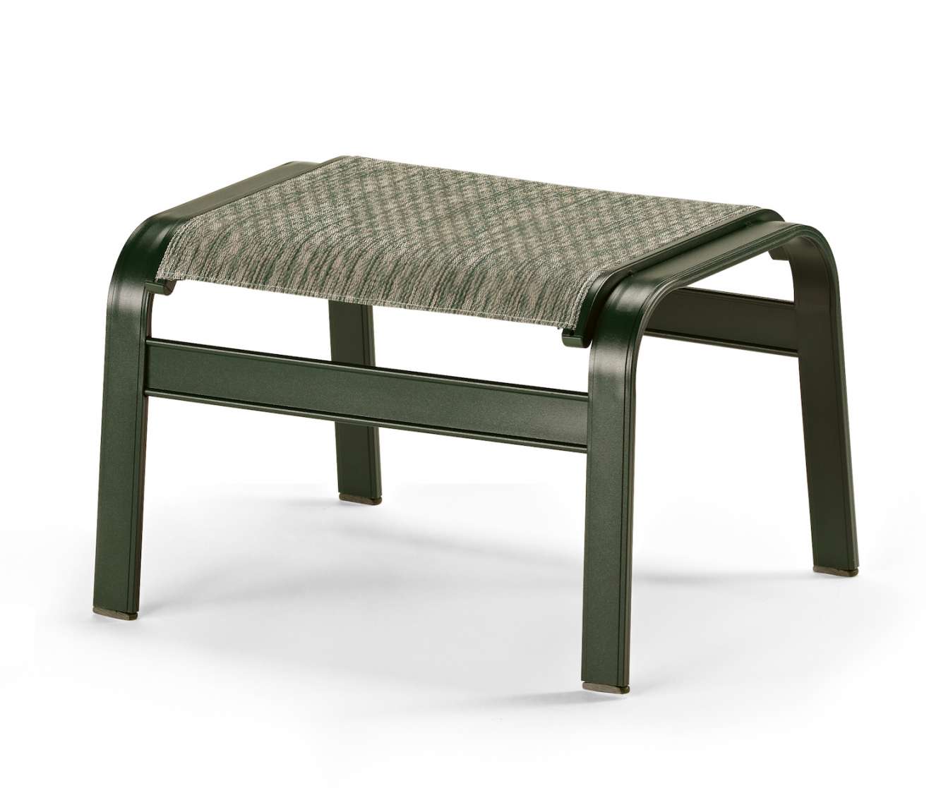 A green metal stool with a textured, grey woven seat on a white background, positioned near a stove.