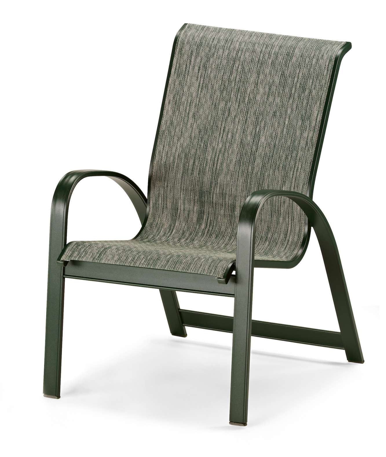 A modern outdoor chair with sleek, dark green metal arms and legs, featuring a high backrest upholstered in textured, green fabric. The design is simple yet stylish, suitable for patio or garden use