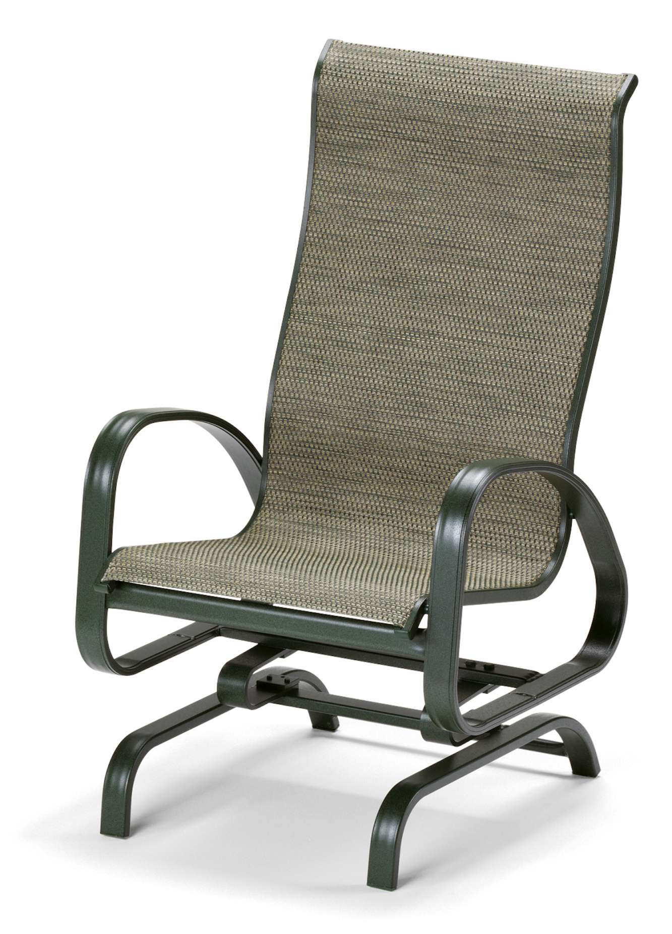 Modern rocking chair with a gray textured fabric seat and backrest, featuring a sleek black metal frame, isolated on a white background near a fireplace.
