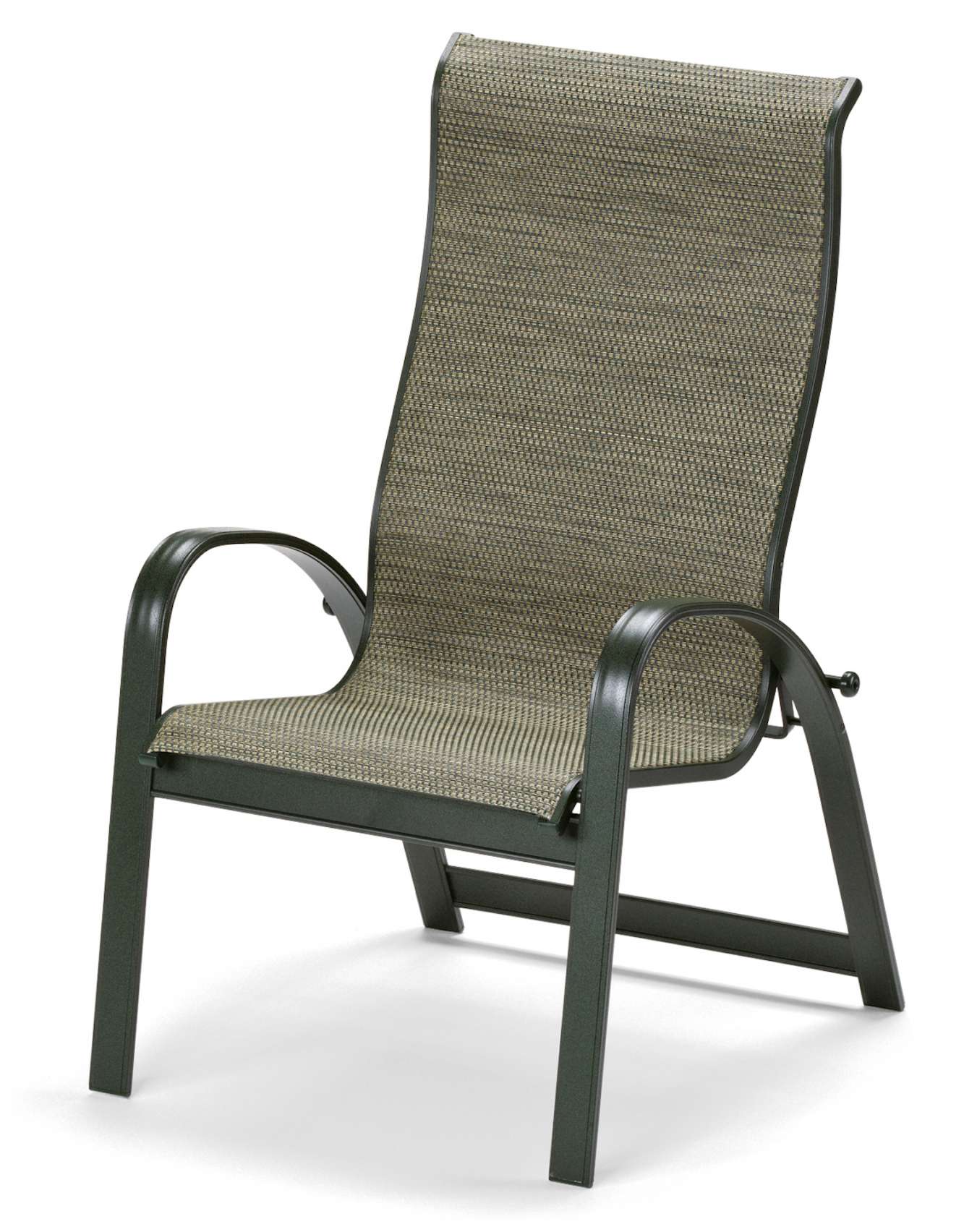 A green outdoor sling chair with a high back and curved metal armrests, ideal for relaxing by the fire pit, isolated on a white background.