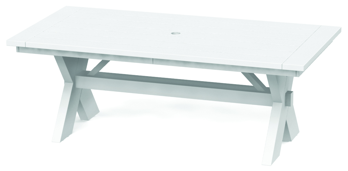 A simple, modern outdoor white coffee table with a slatted top and angled legs, featuring a built-in fire pit. The table has a minimalist design suitable for patios or garden areas.
