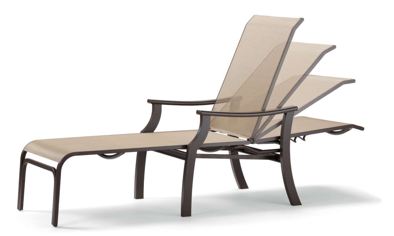 A modern adjustable lounger with a beige sling fabric and a dark metal frame, designed for comfort near the fire pit, isolated on a white background.