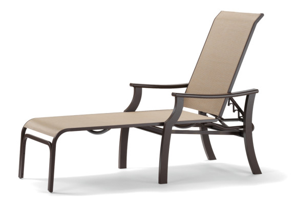 A modern outdoor lounge chair with a bronze metal frame and beige fabric stretched over the back and seat, featuring an integrated fire pit, isolated on a white background.