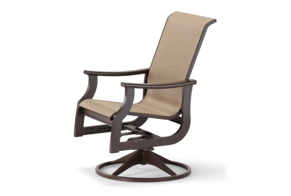 A modern brown rocking chair with a circular base and beige cushions on a white background, featuring a fire pit insert.