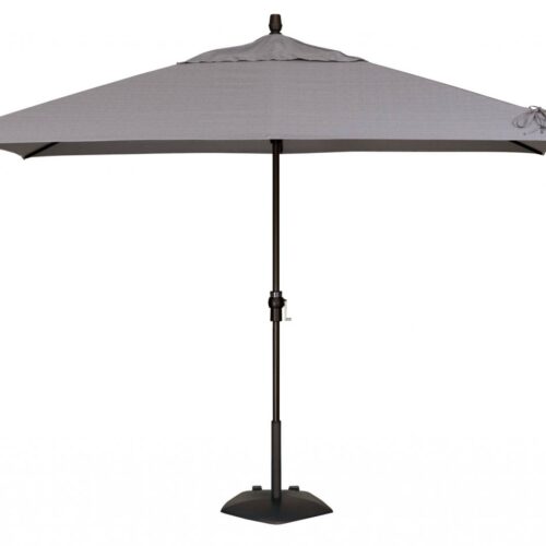 A large gray patio umbrella with a sleek metal pole and a sturdy base, isolated on a white background by the grill.