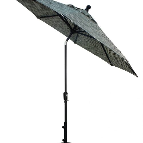 A black patio umbrella with white diagonal stripes, featuring an adjustable metal pole and a rounded base with a fireplace insert, set against a white background.