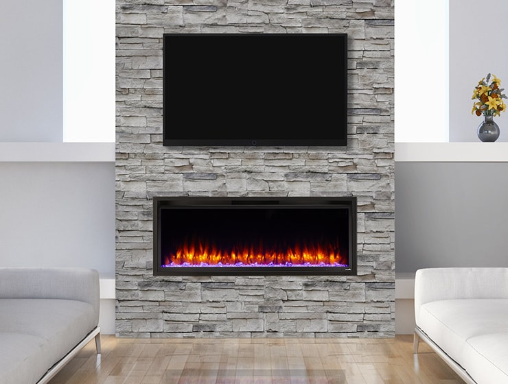 Allusion Platinum linear electric fireplace by SimpliFire with clear crystal media hanging on the wall of modern living space